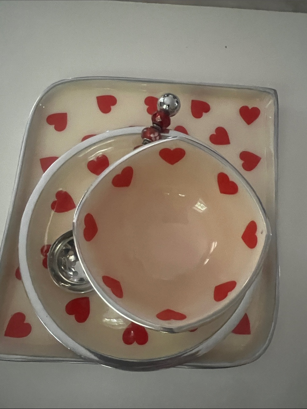 Heart Print Enamel bowl, spoon and plates-Cream and Red